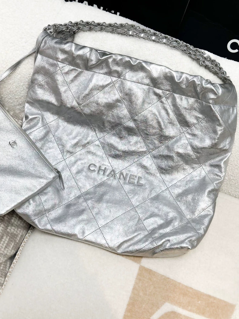 Chanel 23p 22bag metallic Silver Quilted Medium shoulder bag