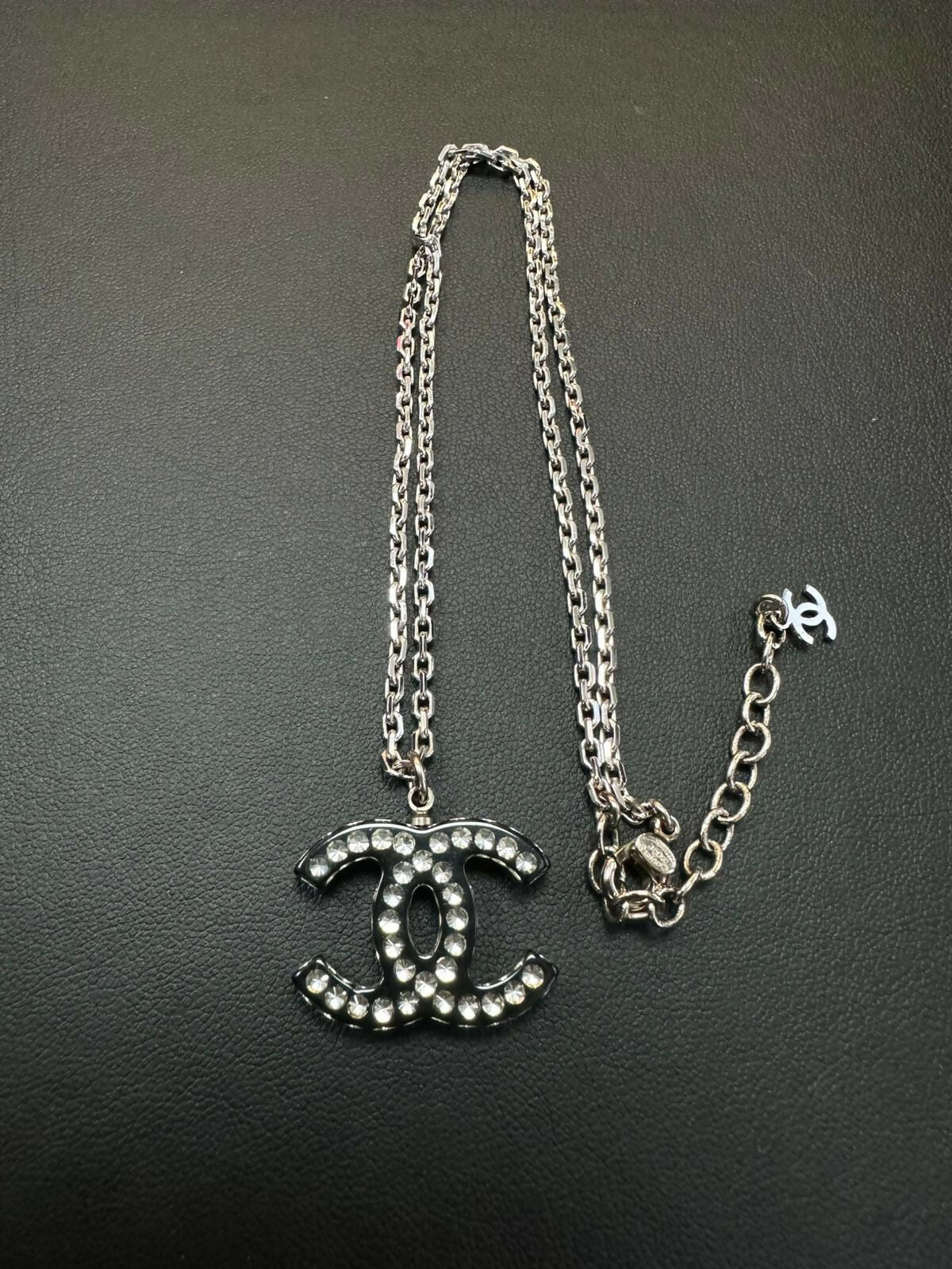 Chanel Vintage 05P Acrylic Transparent Rhinestone Black CC Double-Sided Necklace