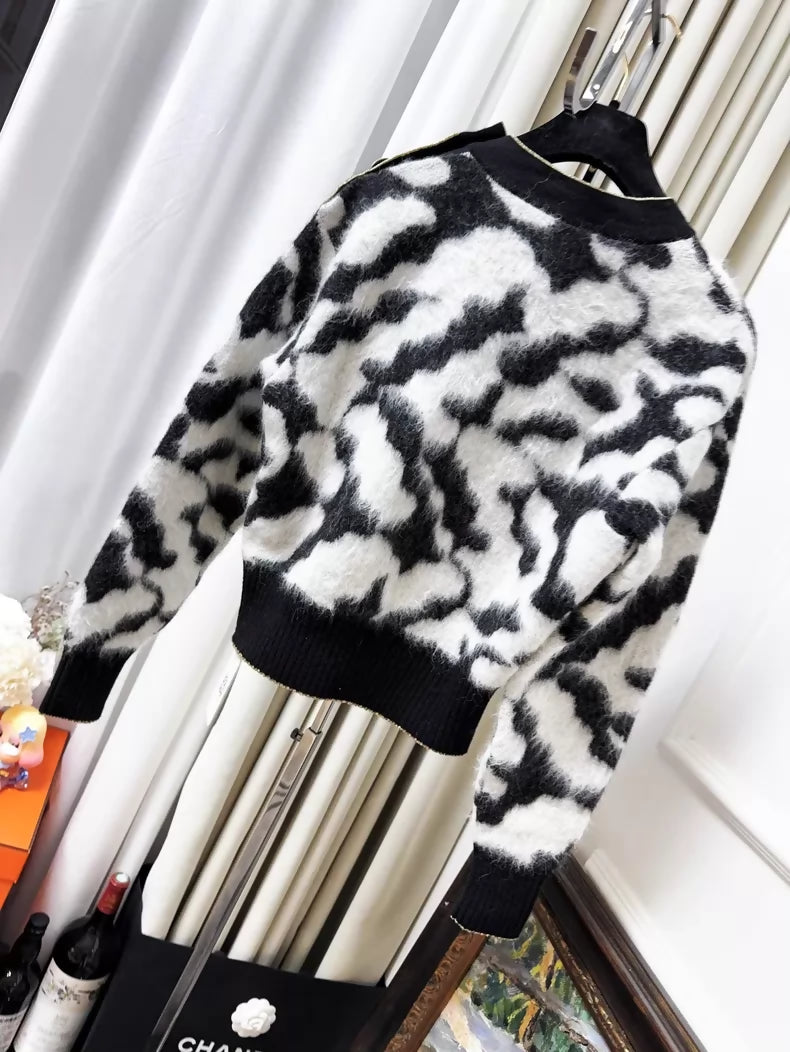 Chanel 20A Black and White Camellia Mohair Sweater with Gold Buttons
