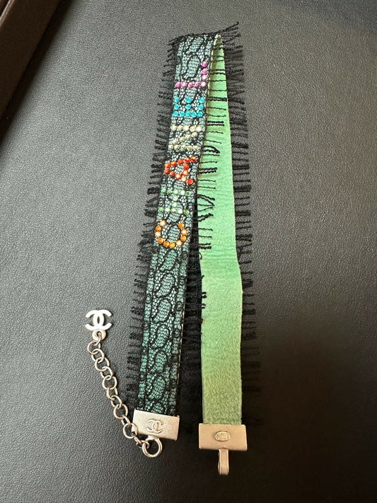 Chanel Vintage 2000 Lace Fringe Green & Rhinestone CHANEL Motif Necklace Choker