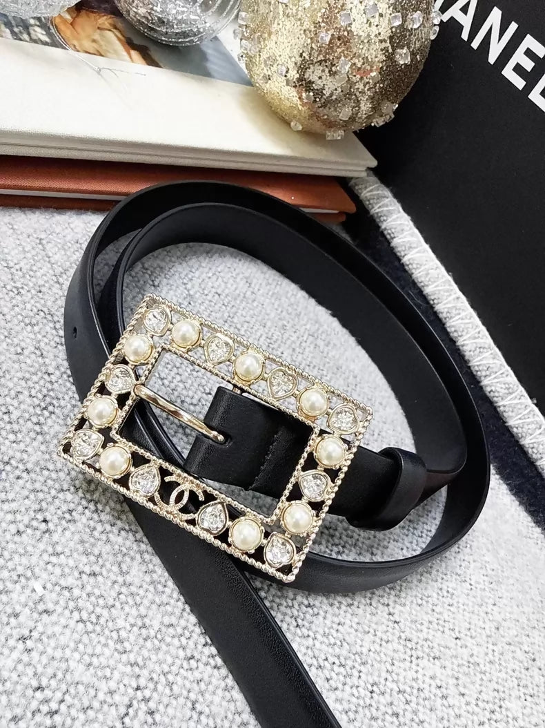 Chanel 22B pearl and rhinestone square leather belt,