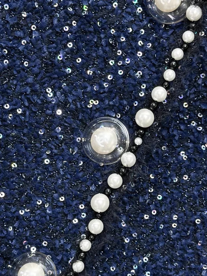 Chanel 17k navy blue sequined and pearl-trimmed tweed jacket