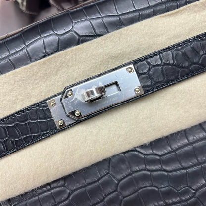 Hermès Kelly Depeches 25 black matte crocodile leather palladium hardware