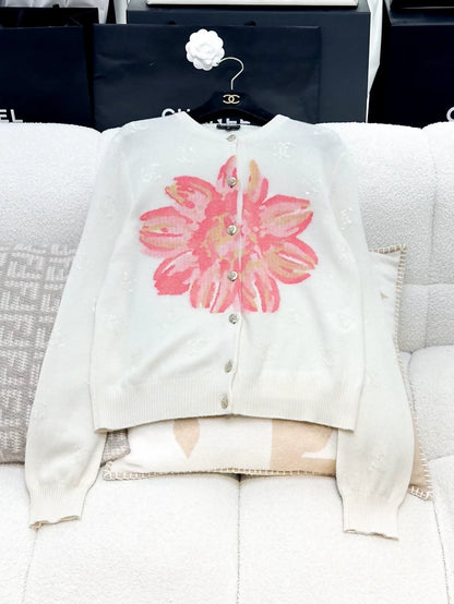 Chanel 24SS ecru/pink flower cardigan