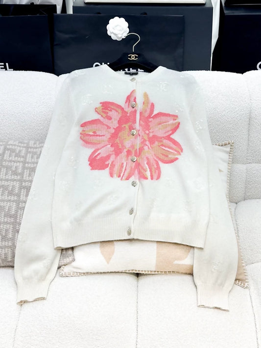 Chanel 24SS ecru/pink flower cardigan