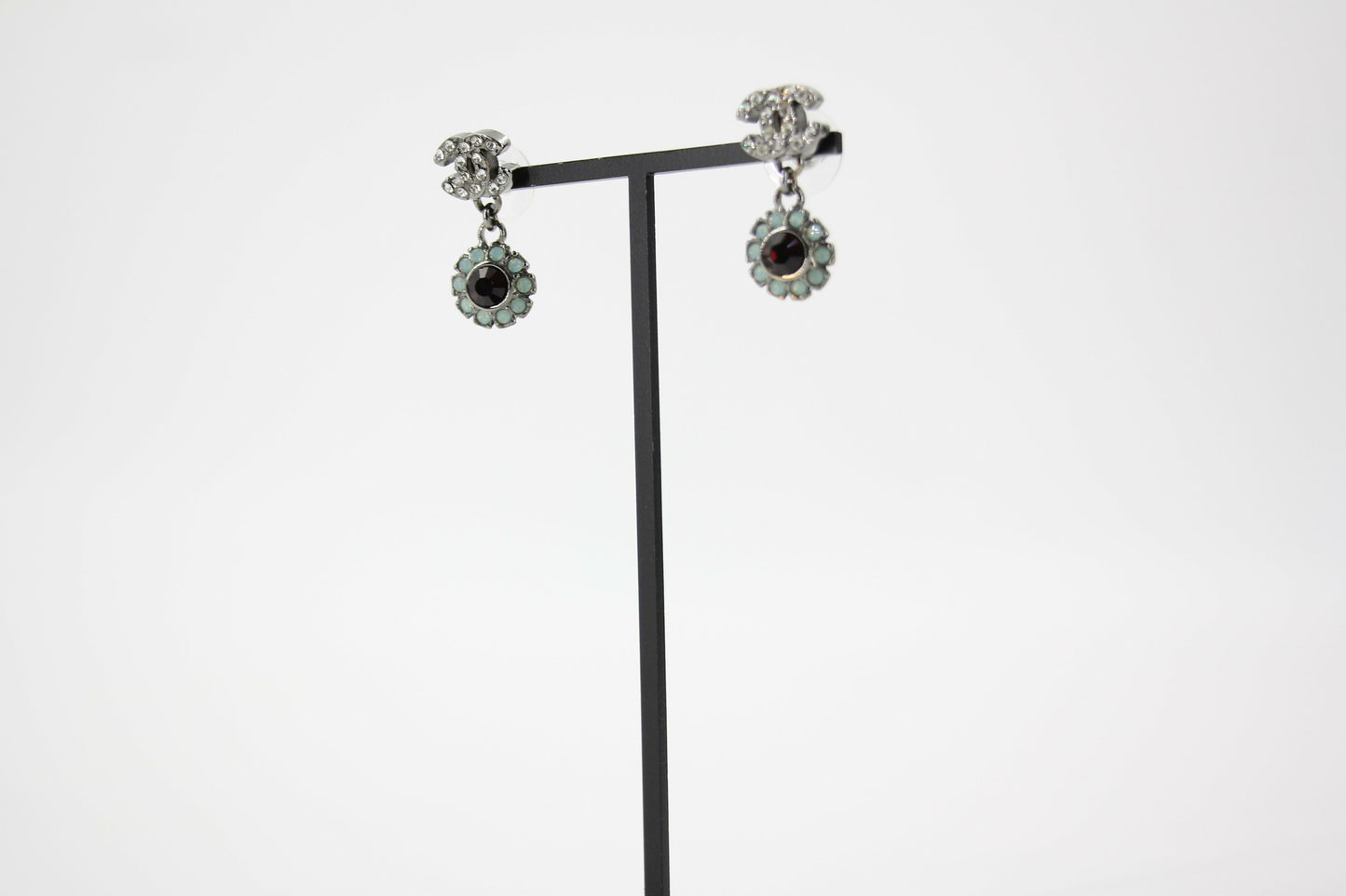 Chanel Vintage 05A Rhinestone Lake Green and Red Round Pendant Stud Earrings