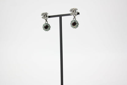 Chanel Vintage 05A Rhinestone Lake Green and Red Round Pendant Stud Earrings