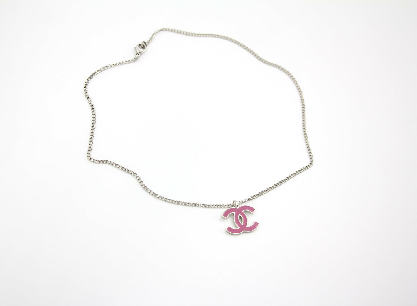 Chanel Vintage 04P Enamel Peach Pink CC Silver Chain Necklace