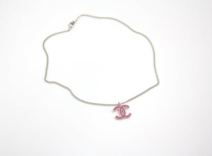 Chanel Vintage 04P Enamel Peach Pink CC Silver Chain Necklace