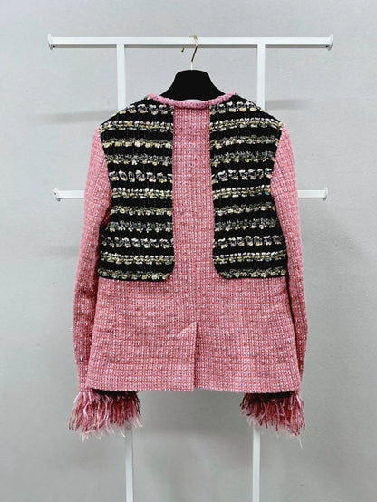 Chanel 22A pink and black mixed-color woven feather tassel jacket