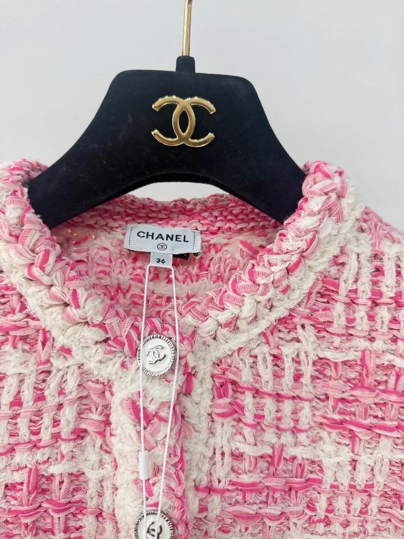 Chanel 24P pink and white tweed fringed jacket