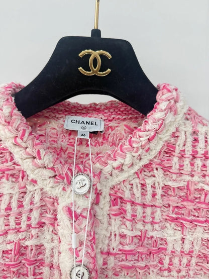 Chanel 24P pink and white tweed fringed jacket