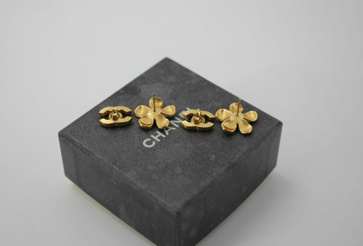Chanel Vintage 03P Enamel Gold and Red Floral Stacked Stud Earrings