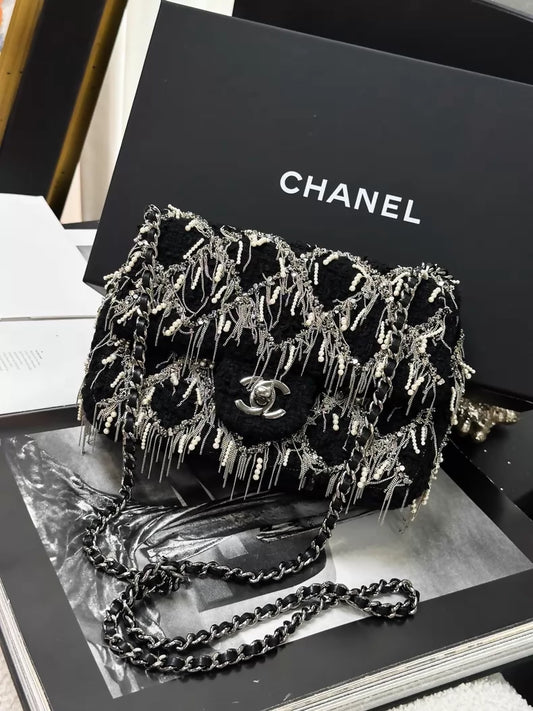 Chanel 23S black and silver tassel pearl leather tweed square flap bag