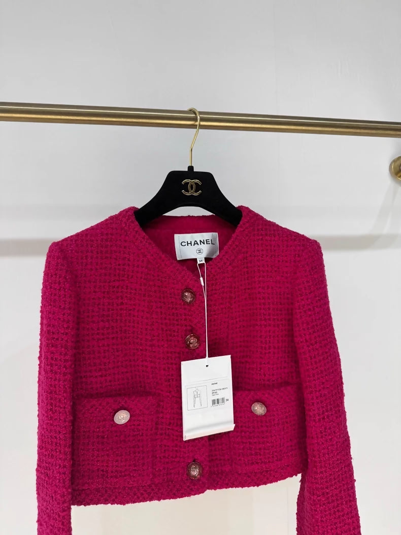 Chanel 21K Double C Glitter Tweed Jacket in Fuchsia
