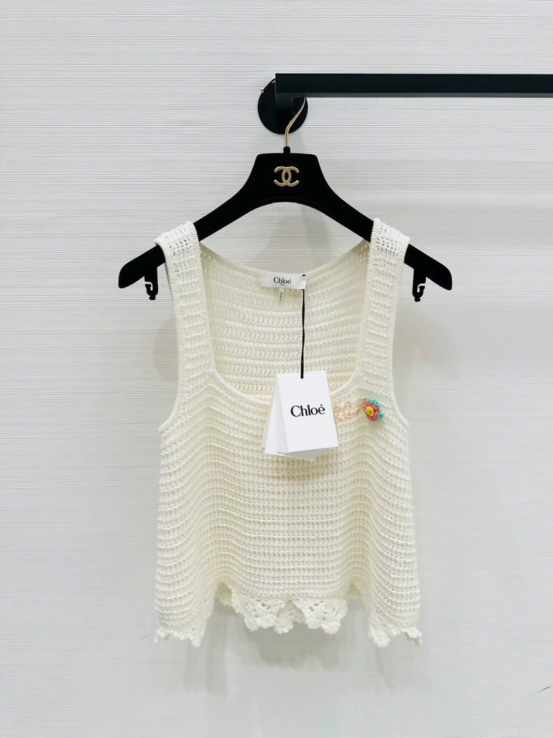 Chloe 26 Off-White Floral Embroidery Crocheted Camisole Top