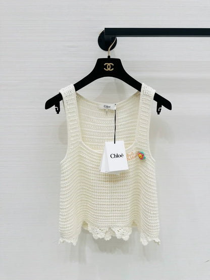 Chloe 26 Off-White Floral Embroidery Crocheted Camisole Top
