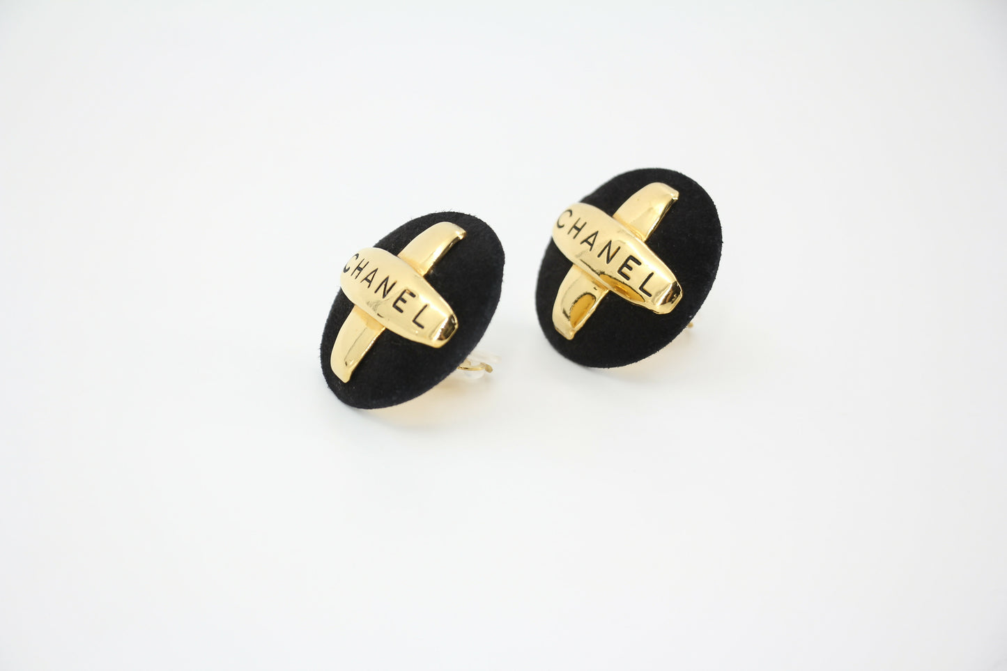 Chanel Vintage 91-92 Velvet Gold Plated Cross Large Round Black Earrings