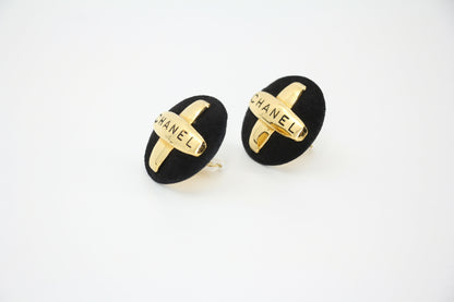 Chanel Vintage 91-92 Velvet Gold Plated Cross Large Round Black Earrings