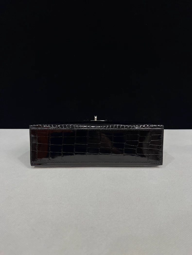 Hermes Kelly Pochette Black shiny Crocodile Leather with palladium hardware
