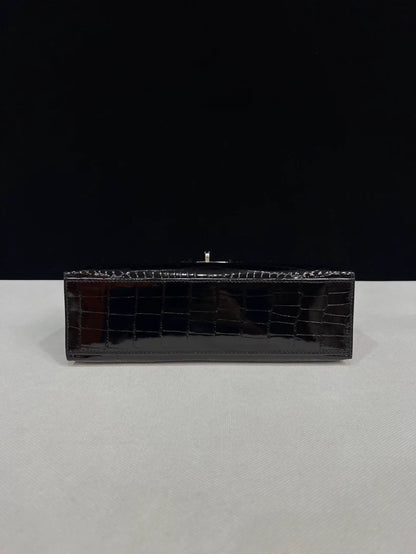 Hermes Kelly Pochette Black shiny Crocodile Leather with palladium hardware