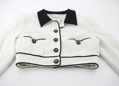 Chanel Vintage P95 Wool Coco Button White Light Green Short Jacket