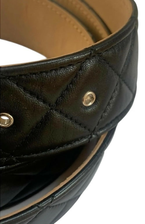Chanel 10A Black Quilted Lambskin Ruthenium Silver CC Logo Belt 90/36