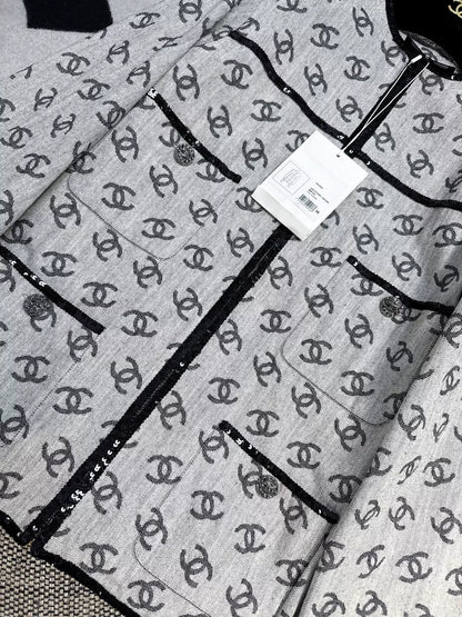 Chanel 22S gray denim jacket with full double C logo print