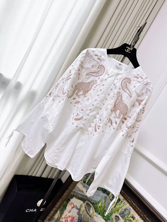 Hermes 2025 white bohemian-style embroidered shirt