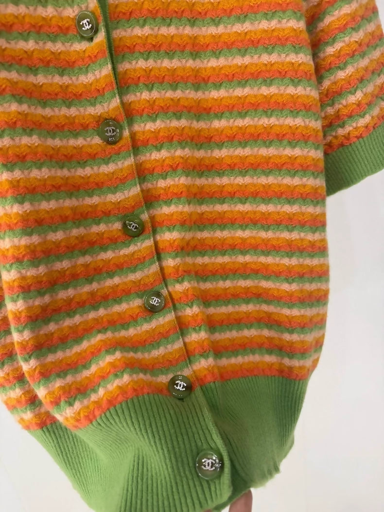 Chanel 24A Orange/Green Cashmere Short-Sleeve Cardigan