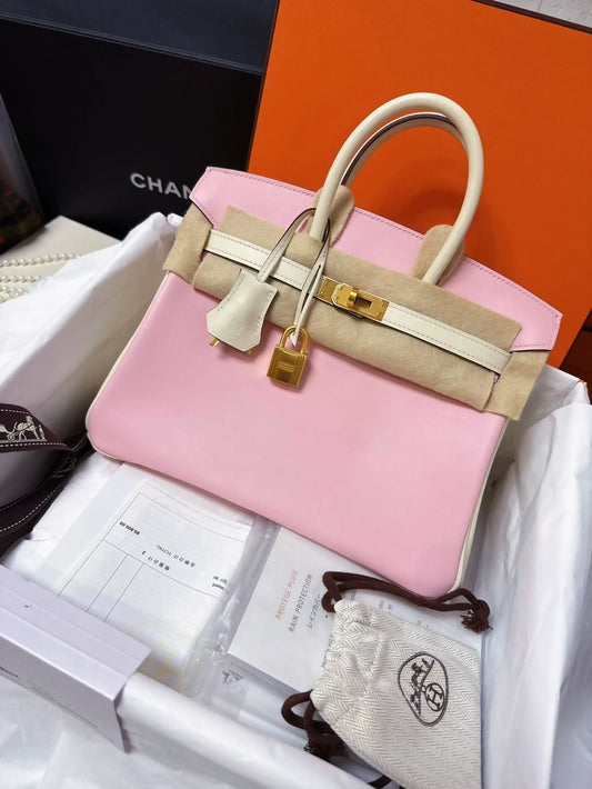 Hermes Birkin 25 two colors cherry pink 3Q and craie swift leather with brushed gold hardware