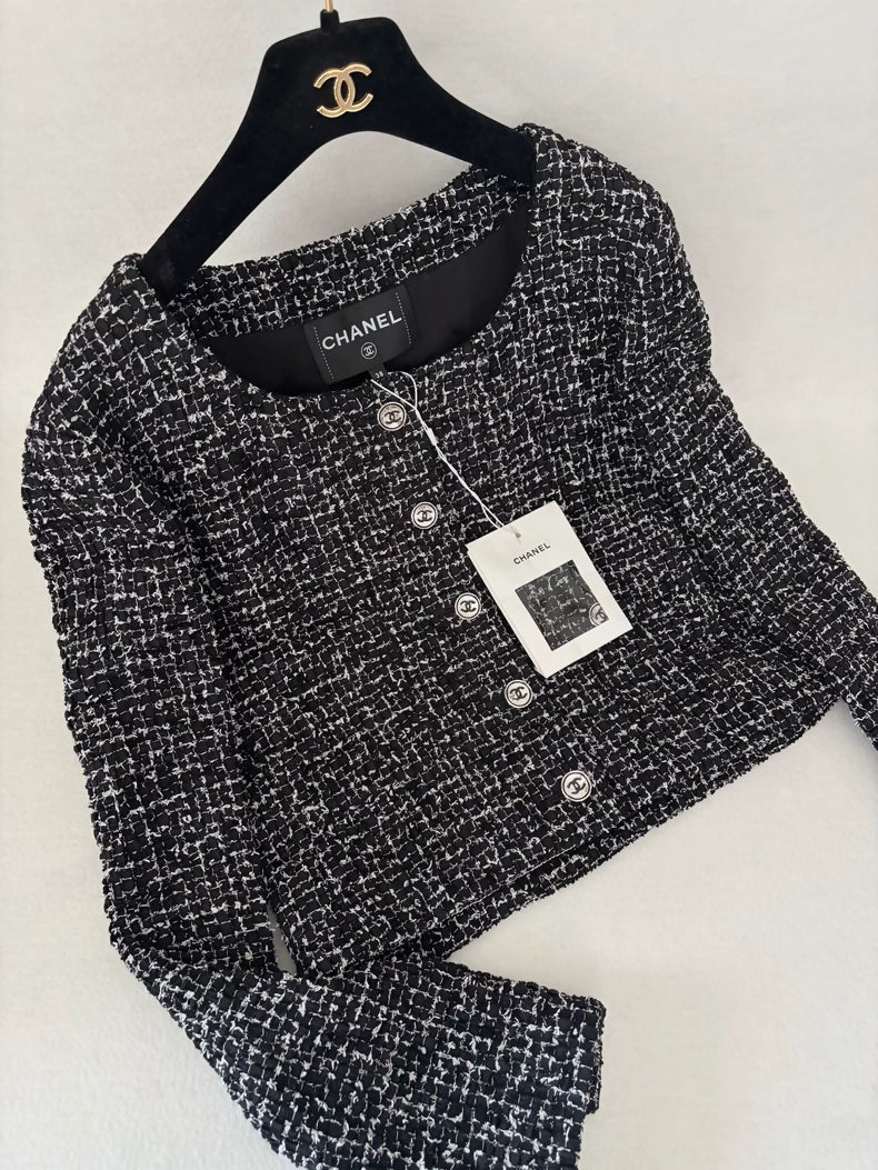 Chanel 24B Black and White Check Tweed Jacket