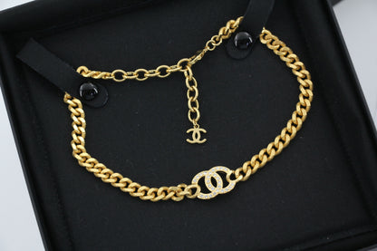 Chanel F22A Metal Rhinestone CC Gold Chunky Chain Short Necklace
