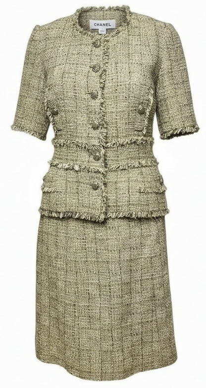 Chanel 10P Fantasy Tweed Beige Metallic Gold Jacket Skirt Suit Set FR 42/44