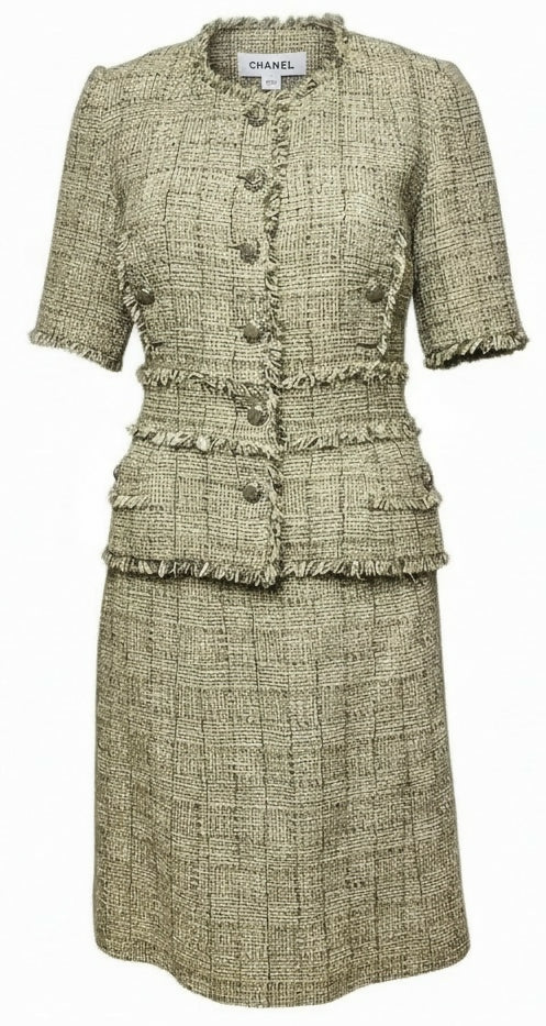 Chanel 10P Fantasy Tweed Beige Metallic Gold Jacket Skirt Suit Set FR 42/44