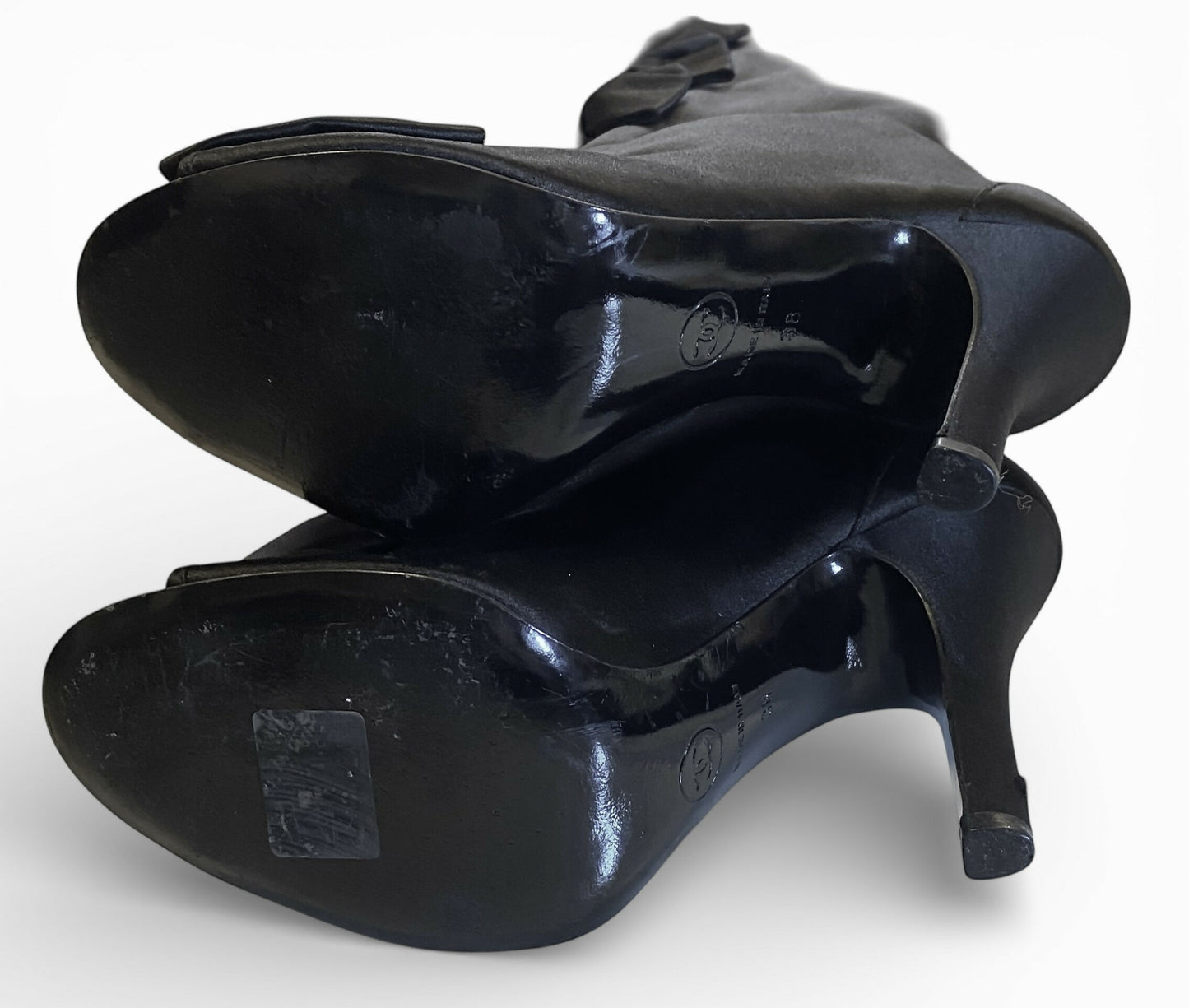Rare Chanel 09P Black Satin CC Bow Mid Calf Peep Toe Booties Ankle Boot Heels FR 38