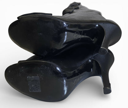 Rare Chanel 09P Black Satin CC Bow Mid Calf Peep Toe Booties Ankle Boot Heels FR 38