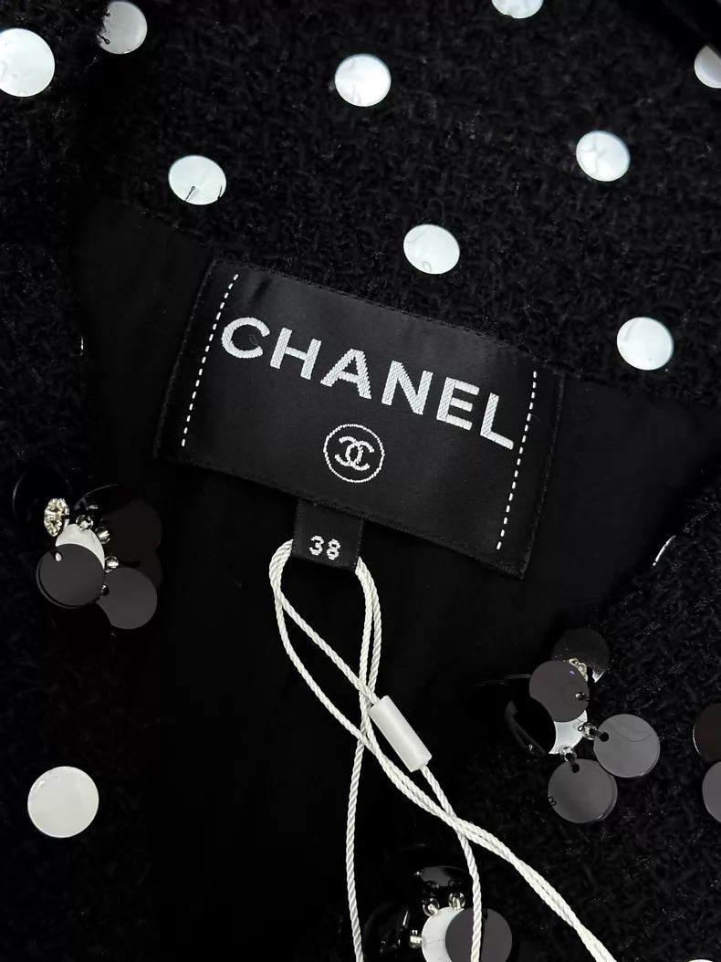 Chanel 23SS black tweed with polka dots dress