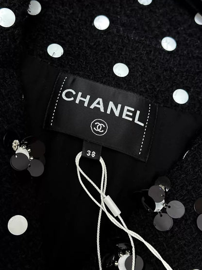 Chanel 23SS black tweed with polka dots dress