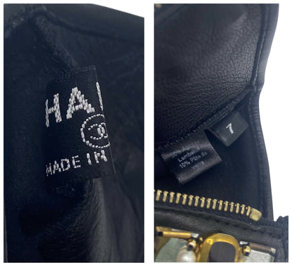 RARE New Chanel 11A Paris Byzance Black Leather Stones Gloves Size 7