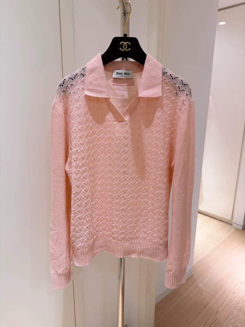 Miu Miu light pink polo collar openwork cashmere sweater
