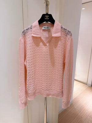 Miu Miu light pink polo collar openwork cashmere sweater
