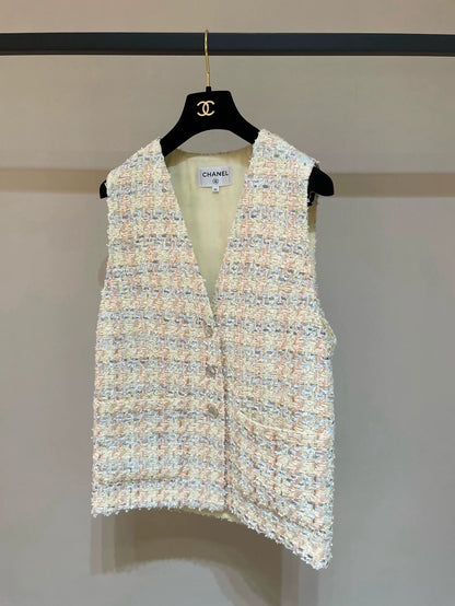 Chanel 25p pastel yellow tweed plaid vest