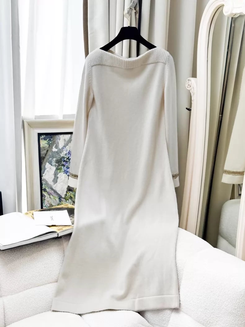 Chanel 20C Ecru Gold Chain Cashmere Long Knit Dress