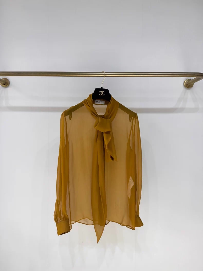 Saint Laurent sheer mustard yellow silk vest shirt