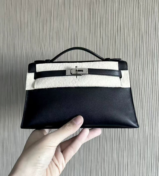 Hermes Kelly Pochette black swift leather palladium hardware