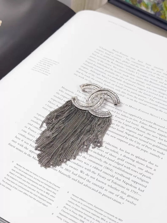 Chanel 16K Silver Full Diamond Double C Tassel Brooch
