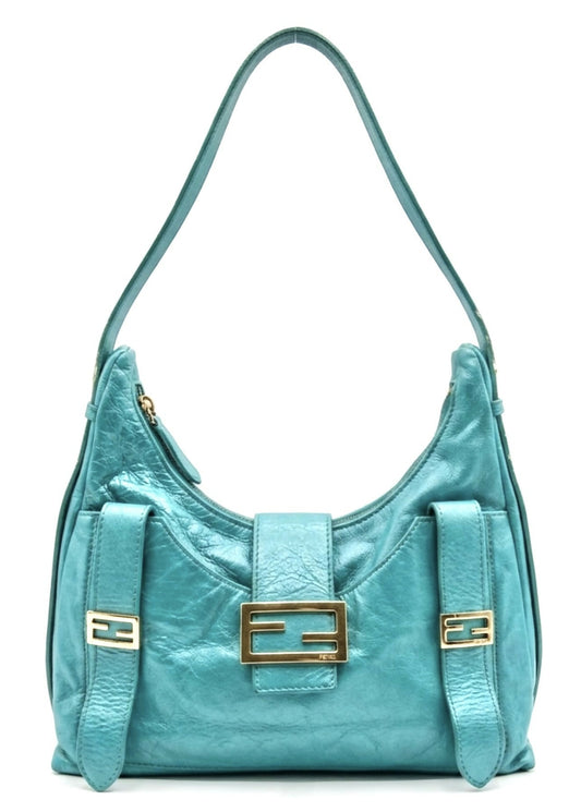 Rare Vintage Fendi Metallic Tiffany Blue Leather Sweet Hobo Baguette Bag SHW