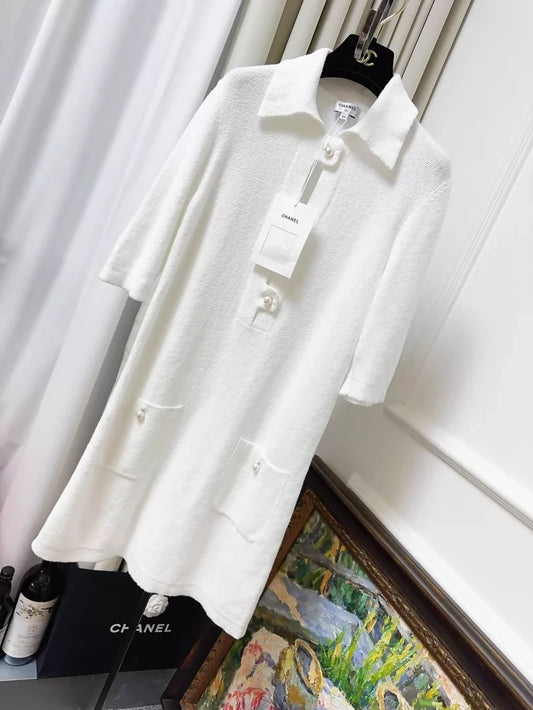 Chanel 23P white pearl-button polo knit dress