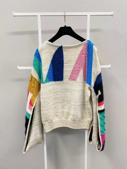 Chanel 19A geometric pattern beige blue pink and black sweater